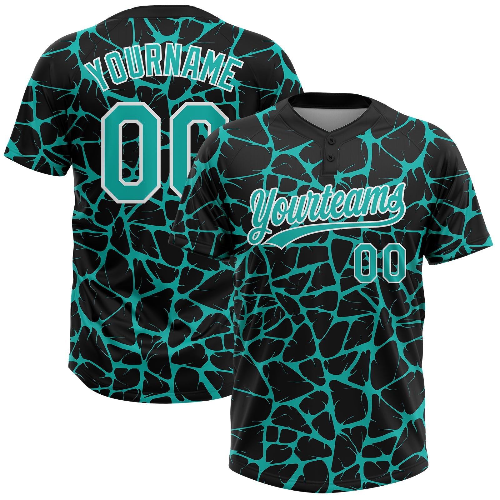 Custom Black Aqua-White Abstract Network Crackle Two-Button Unisex Softball Jersey - Main View