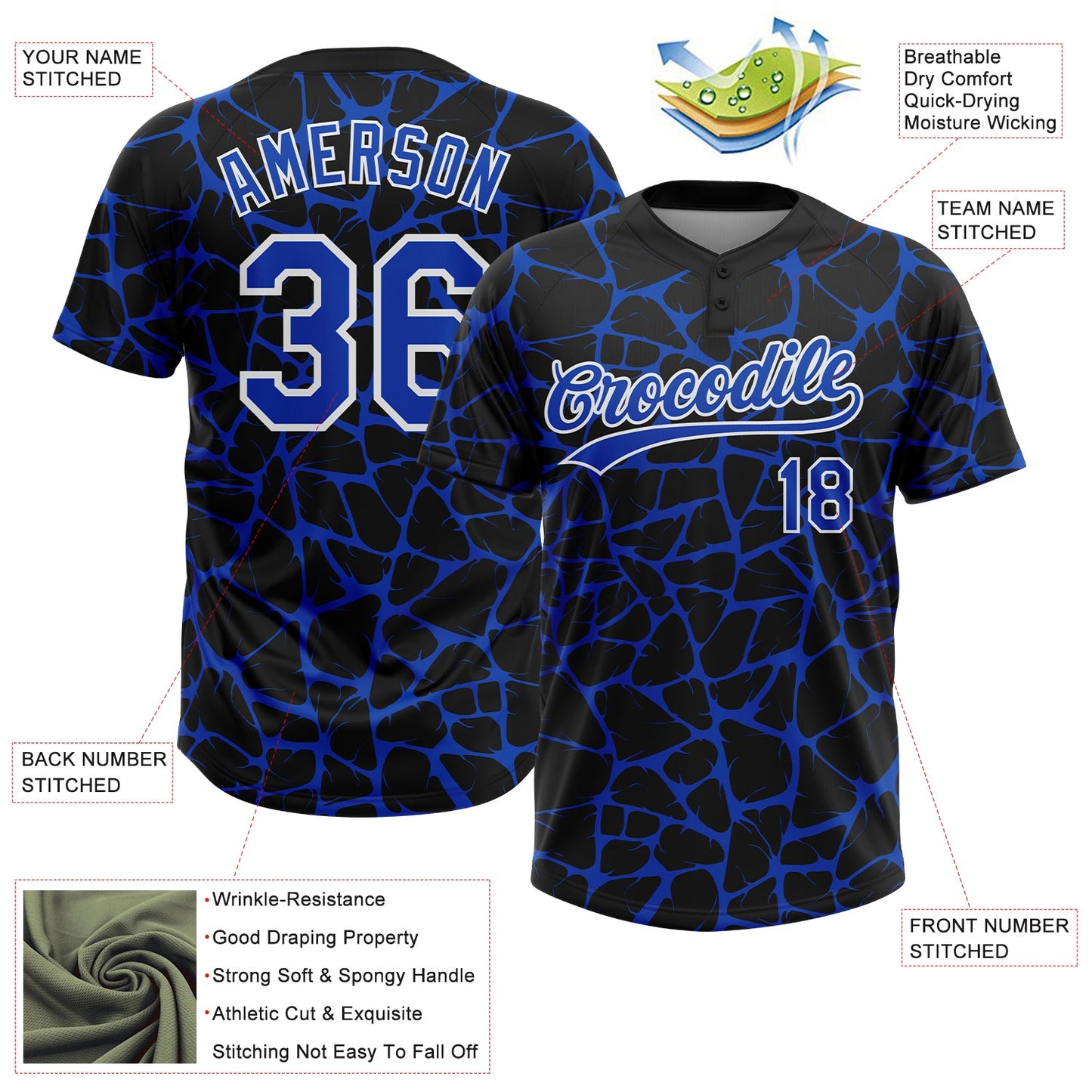 Custom Black Thunder Blue-White Abstract Network Crackle Two-Button Unisex Softball Jersey view 3