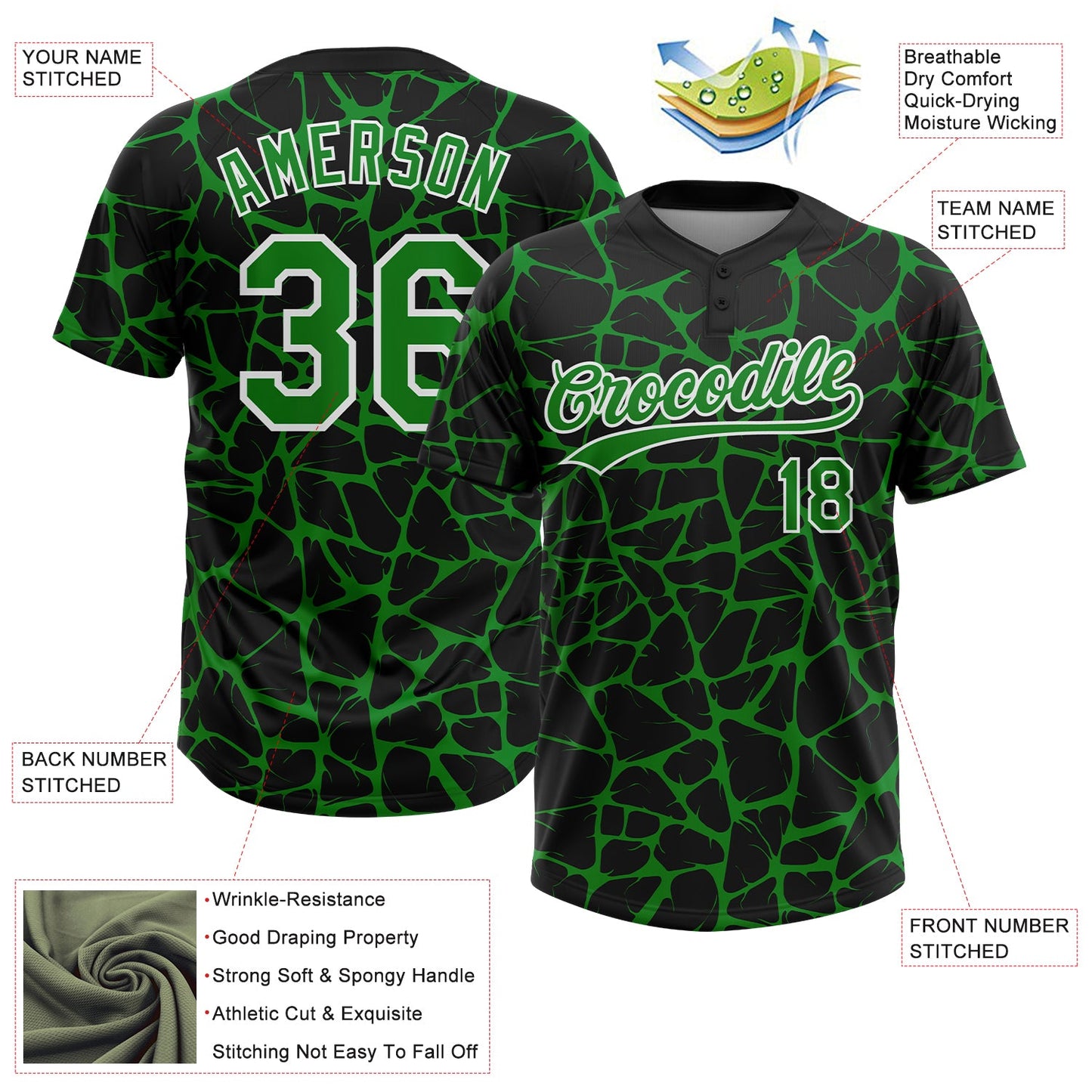 Custom Black Grass Green-White Abstract Network Crackle Two-Button Unisex Softball Jersey view 3
