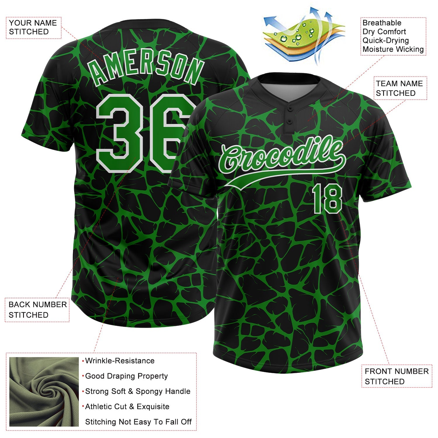 Custom Black Grass Green-White Abstract Network Crackle Two-Button Unisex Softball Jersey view 3