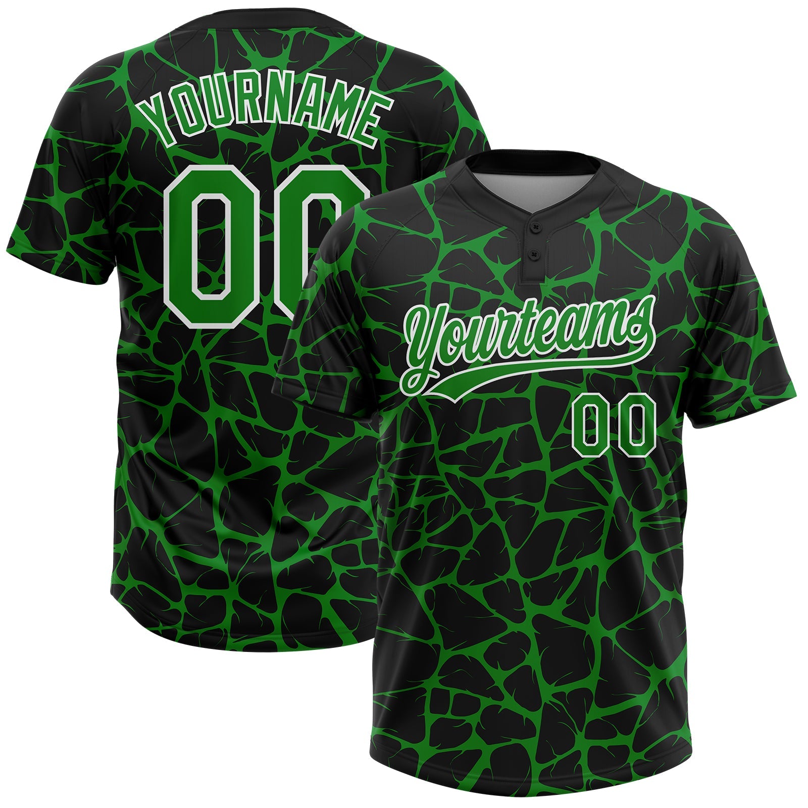 Custom Black Grass Green-White Abstract Network Crackle Two-Button Unisex Softball Jersey - Main View
