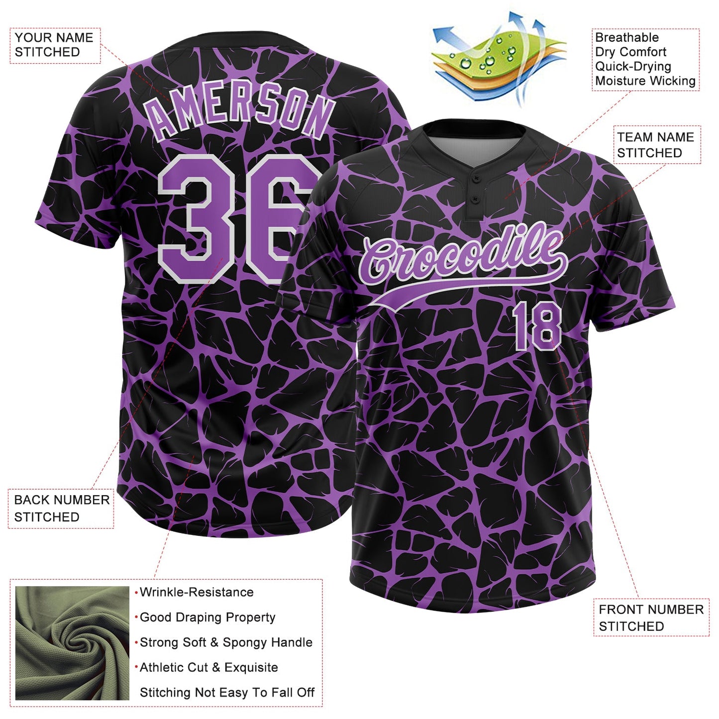 Custom Black Medium Purple-White Abstract Network Crackle Two-Button Unisex Softball Jersey view 3