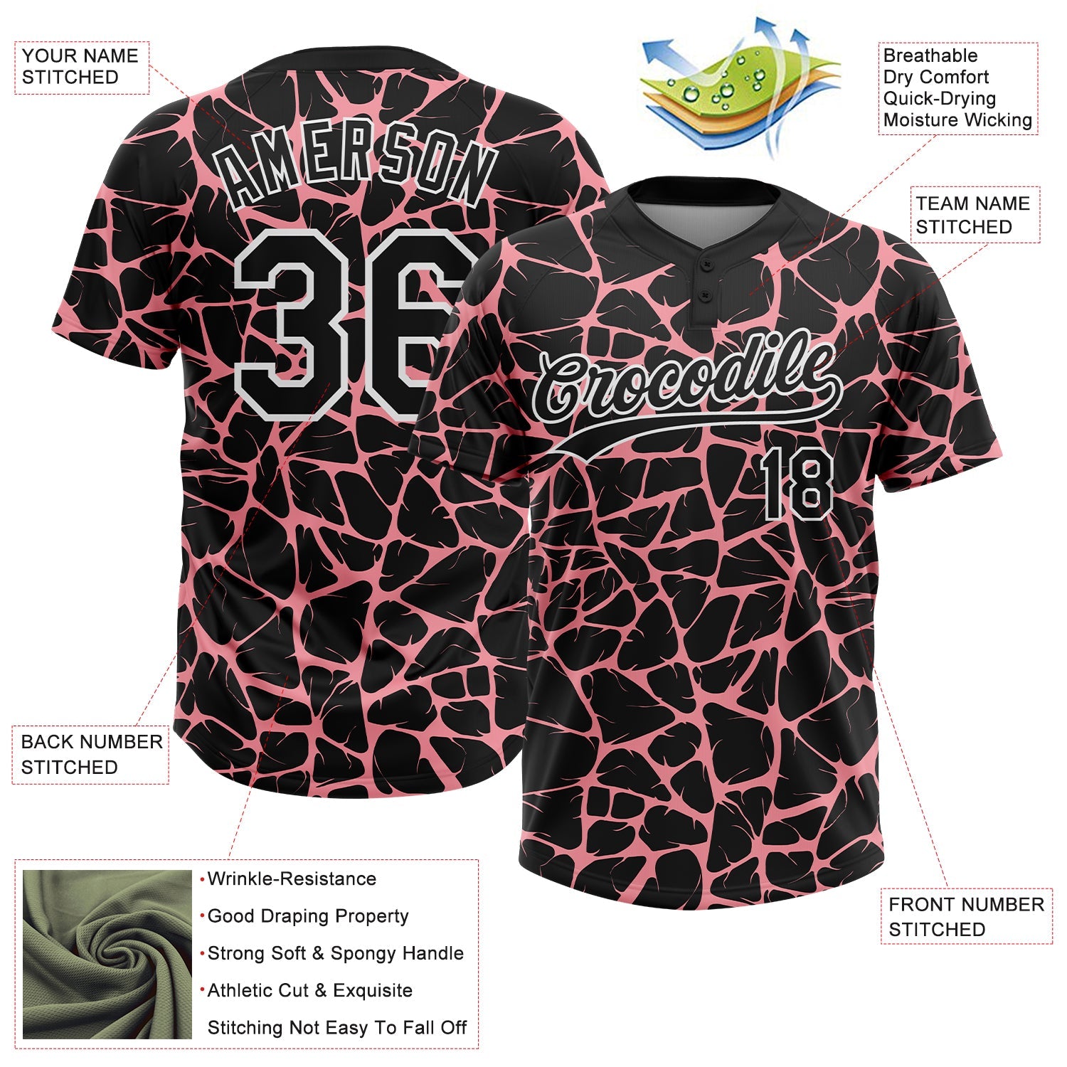 Custom Black Medium Pink-White Abstract Network Crackle Two-Button Unisex Softball Jersey view 3