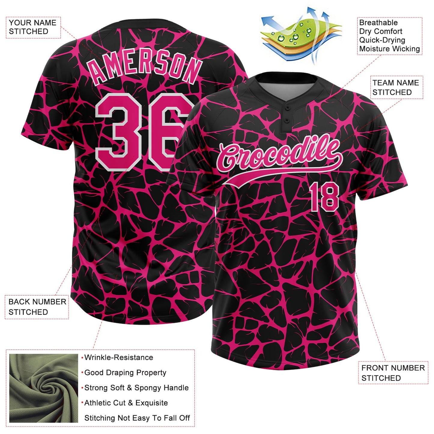 Custom Black Hot Pink-White Abstract Network Crackle Two-Button Unisex Softball Jersey view 3