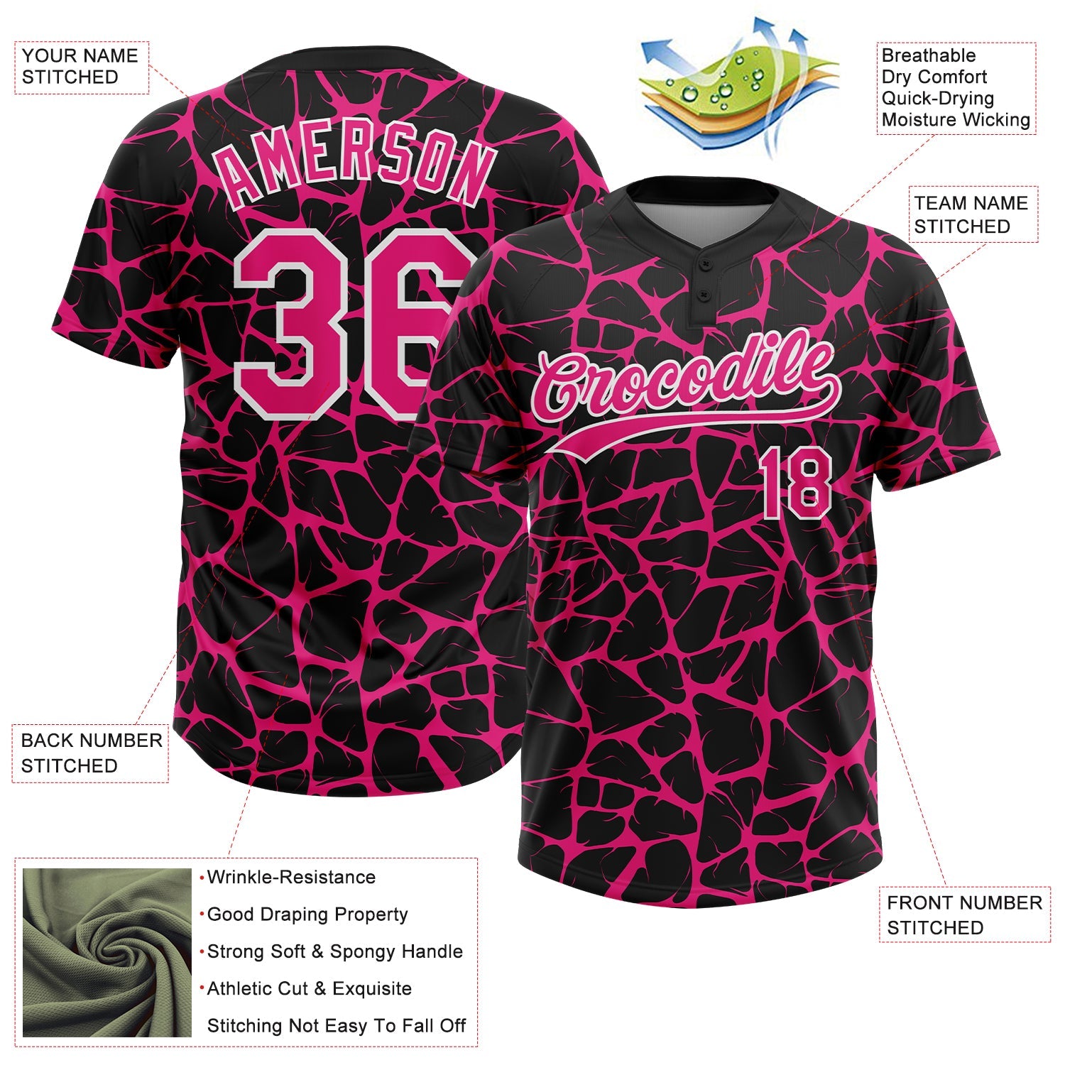 Custom Black Hot Pink-White Abstract Network Crackle Two-Button Unisex Softball Jersey view 3