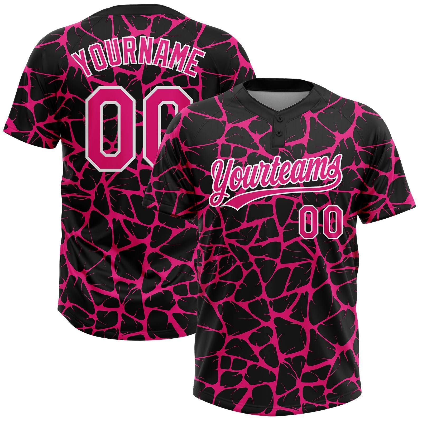 Custom Black Hot Pink-White Abstract Network Crackle Two-Button Unisex Softball Jersey - Main View