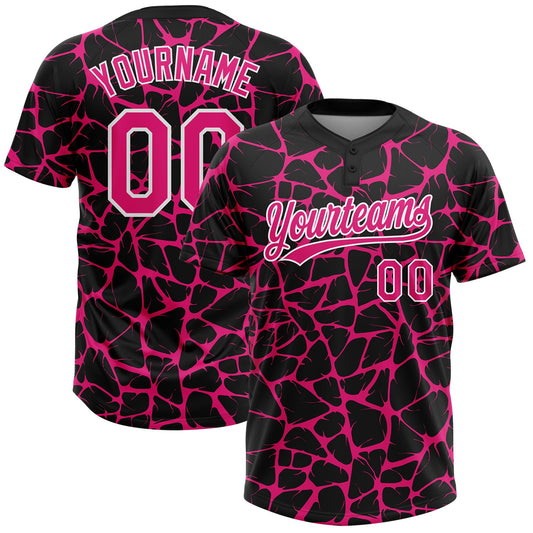 Custom Black Hot Pink-White Abstract Network Crackle Two-Button Unisex Softball Jersey - Main View