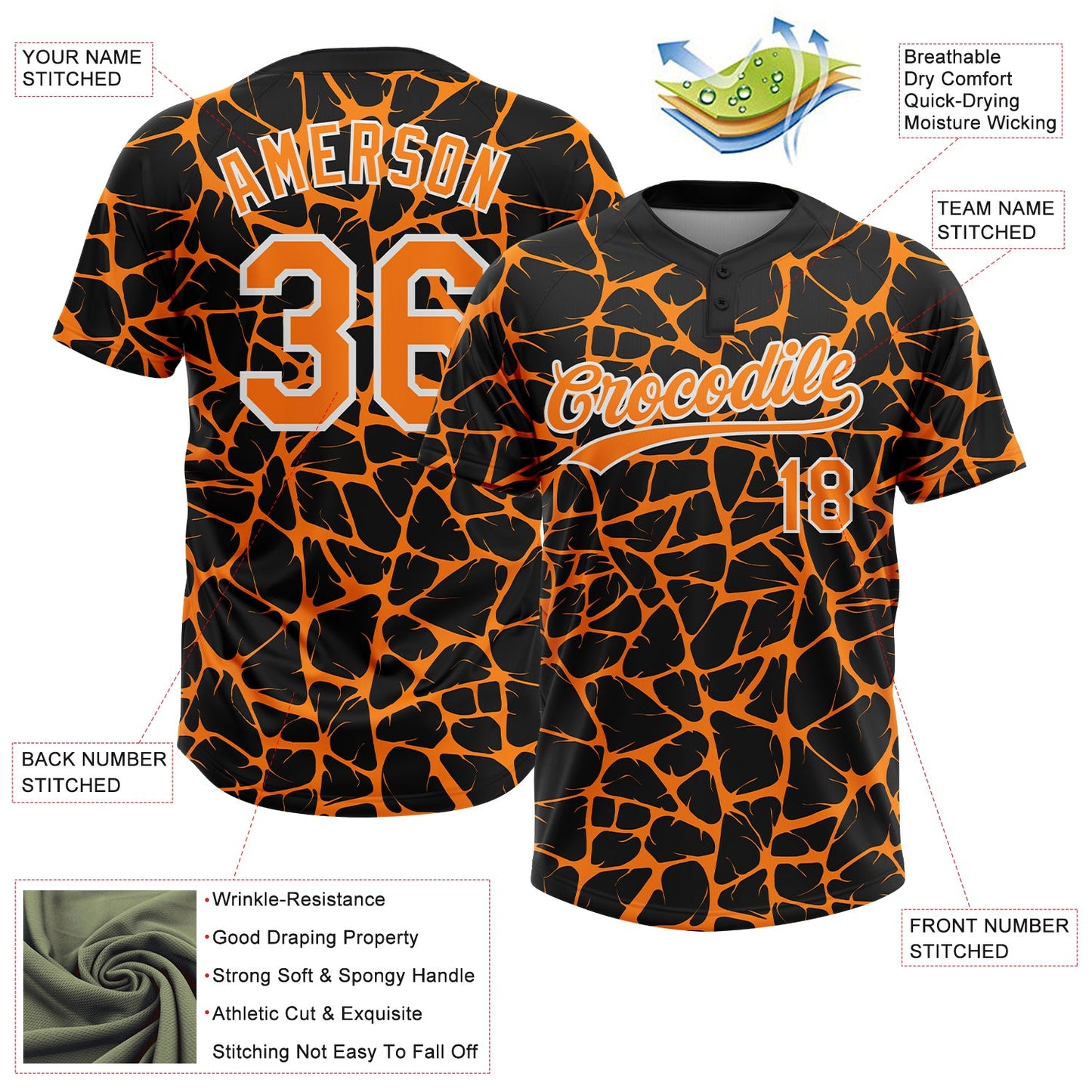 Custom Black Bay Orange-White Abstract Network Crackle Two-Button Unisex Softball Jersey view 3