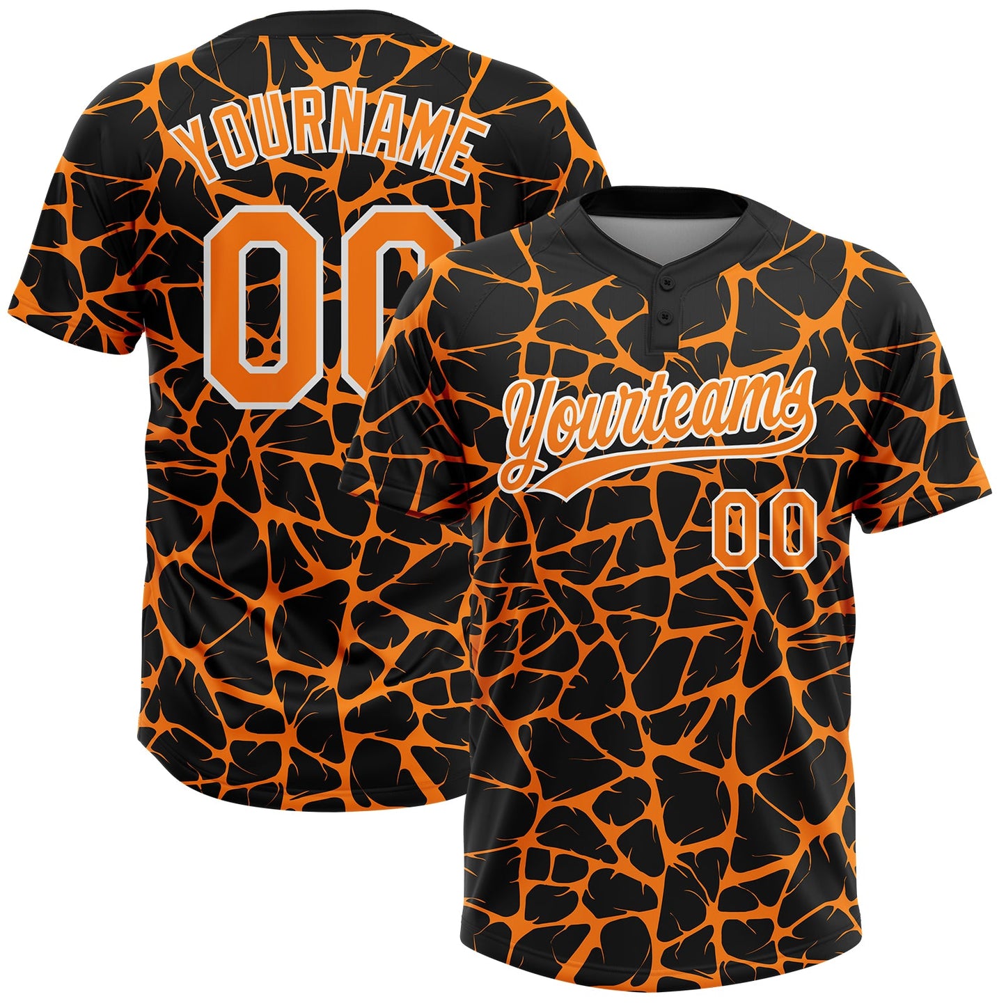 Custom Black Bay Orange-White Abstract Network Crackle Two-Button Unisex Softball Jersey - Main View