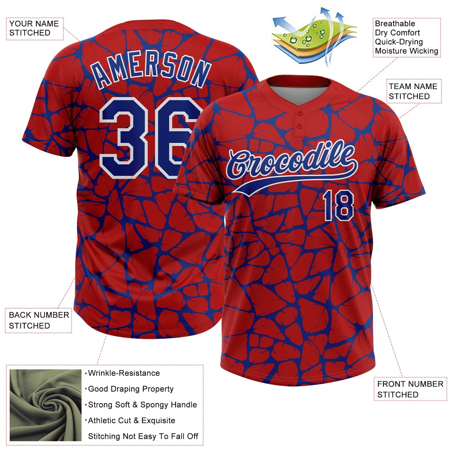 Custom Red Royal-White Abstract Network Crackle Two-Button Unisex Softball Jersey view 3