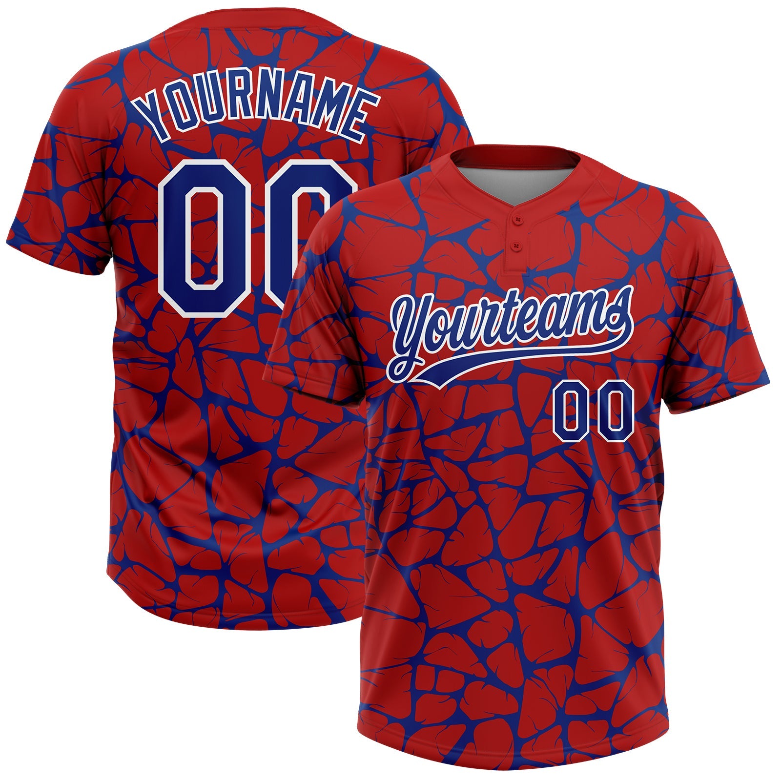 Custom Red Royal-White Abstract Network Crackle Two-Button Unisex Softball Jersey - Main View
