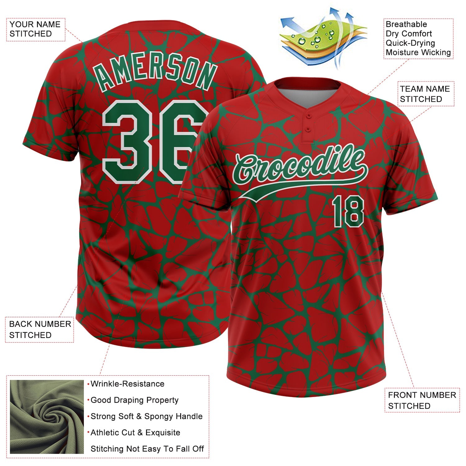 Custom Red Kelly Green-White Abstract Network Crackle Two-Button Unisex Softball Jersey view 3