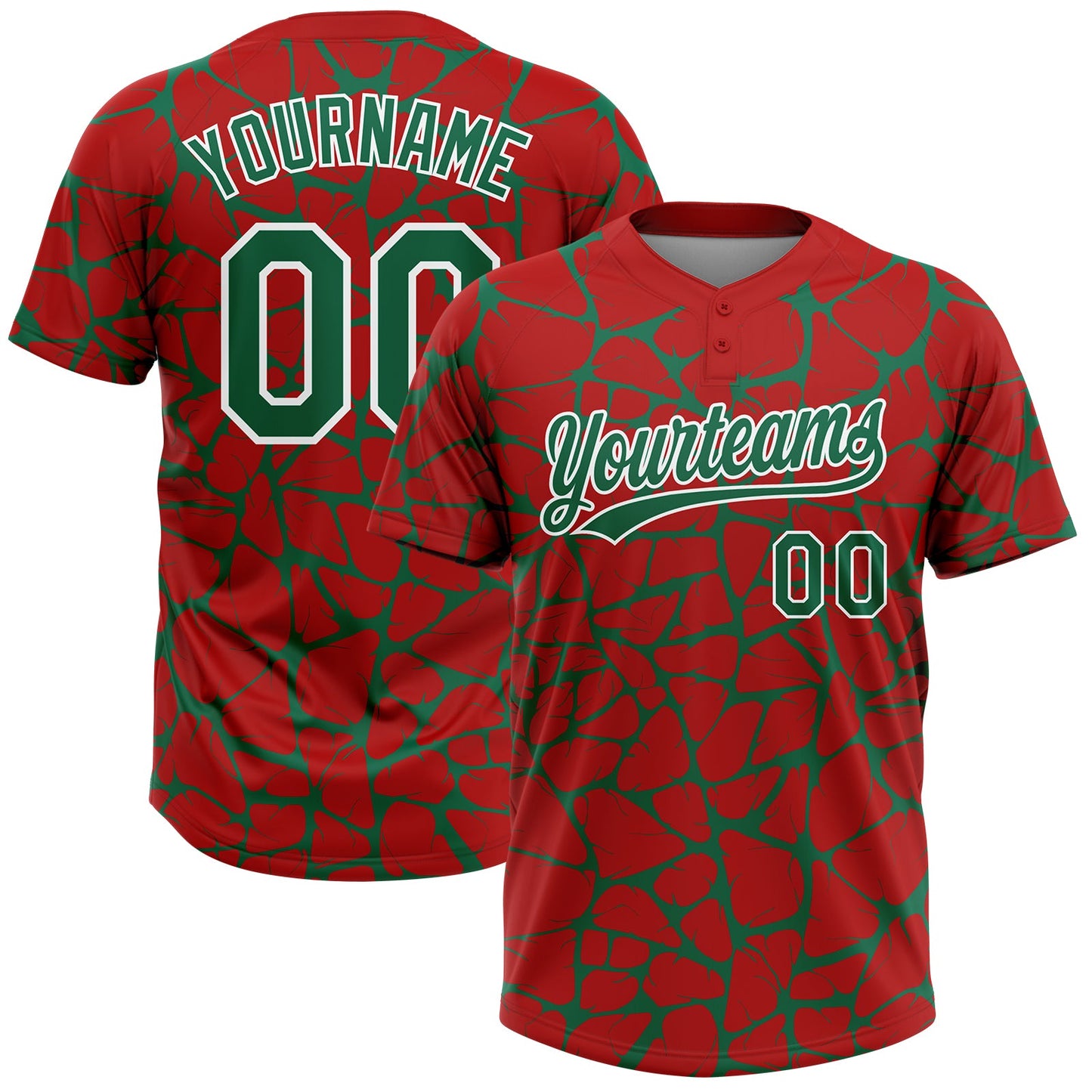 Custom Red Kelly Green-White Abstract Network Crackle Two-Button Unisex Softball Jersey - Main View