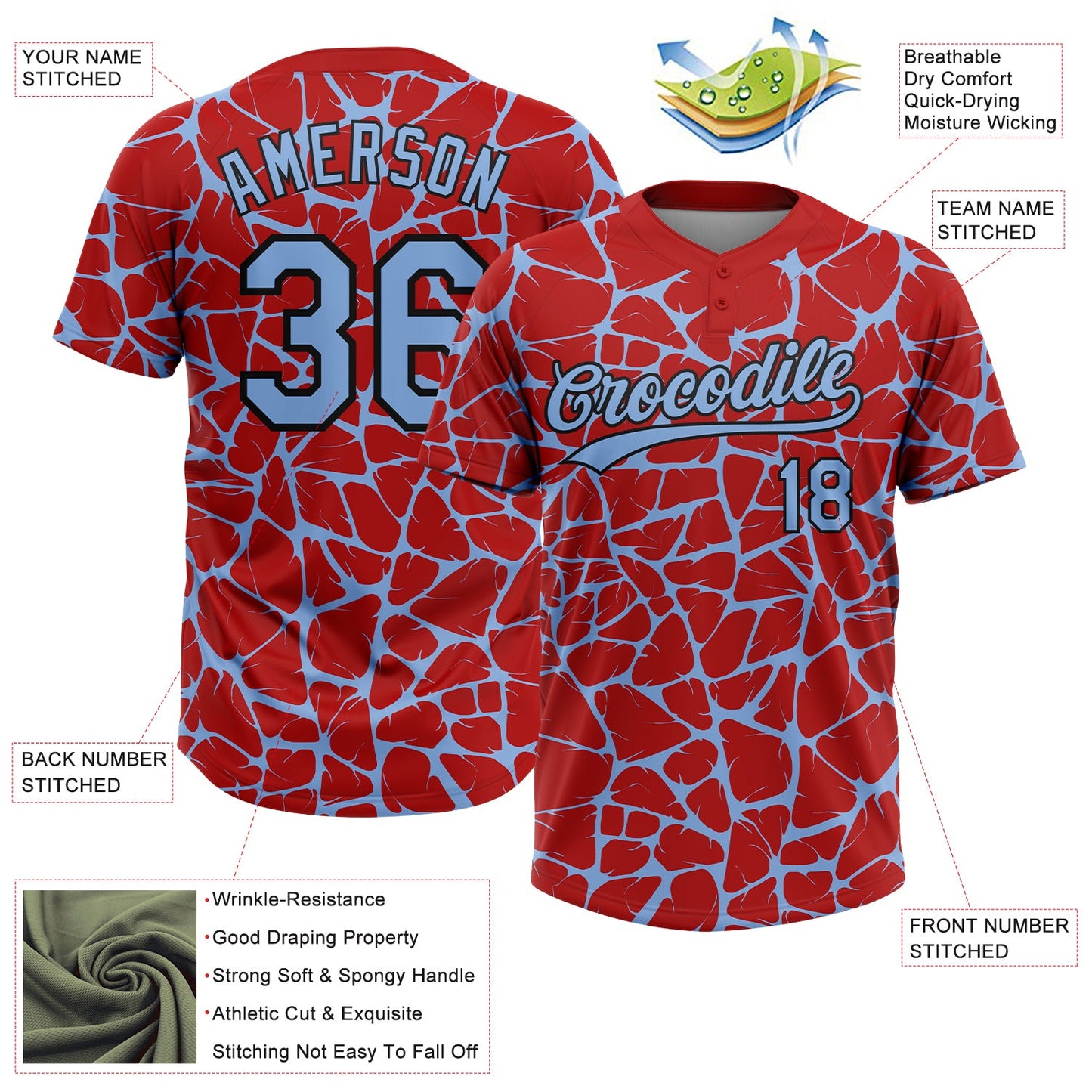 Custom Red Light Blue-Black Abstract Network Crackle Two-Button Unisex Softball Jersey view 3