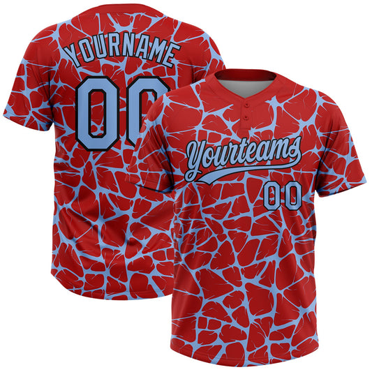 Custom Red Light Blue-Black Abstract Network Crackle Two-Button Unisex Softball Jersey - Main View
