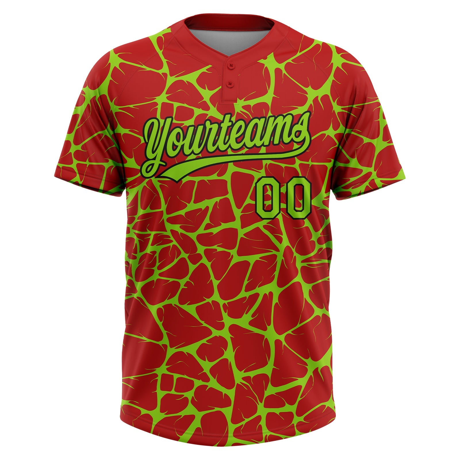 Custom Red Neon Green-Black Abstract Network Crackle Two-Button Unisex Softball Jersey view 2