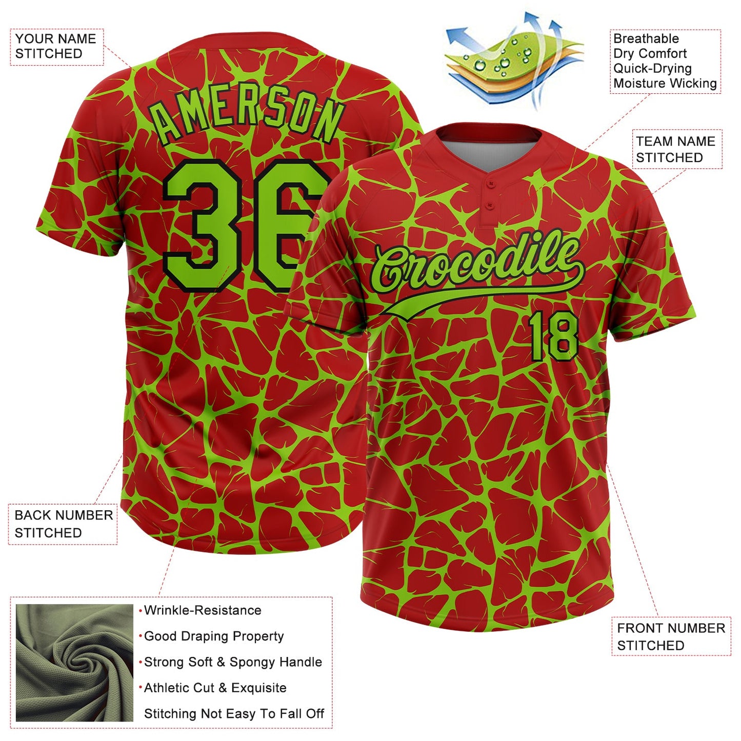 Custom Red Neon Green-Black Abstract Network Crackle Two-Button Unisex Softball Jersey view 3