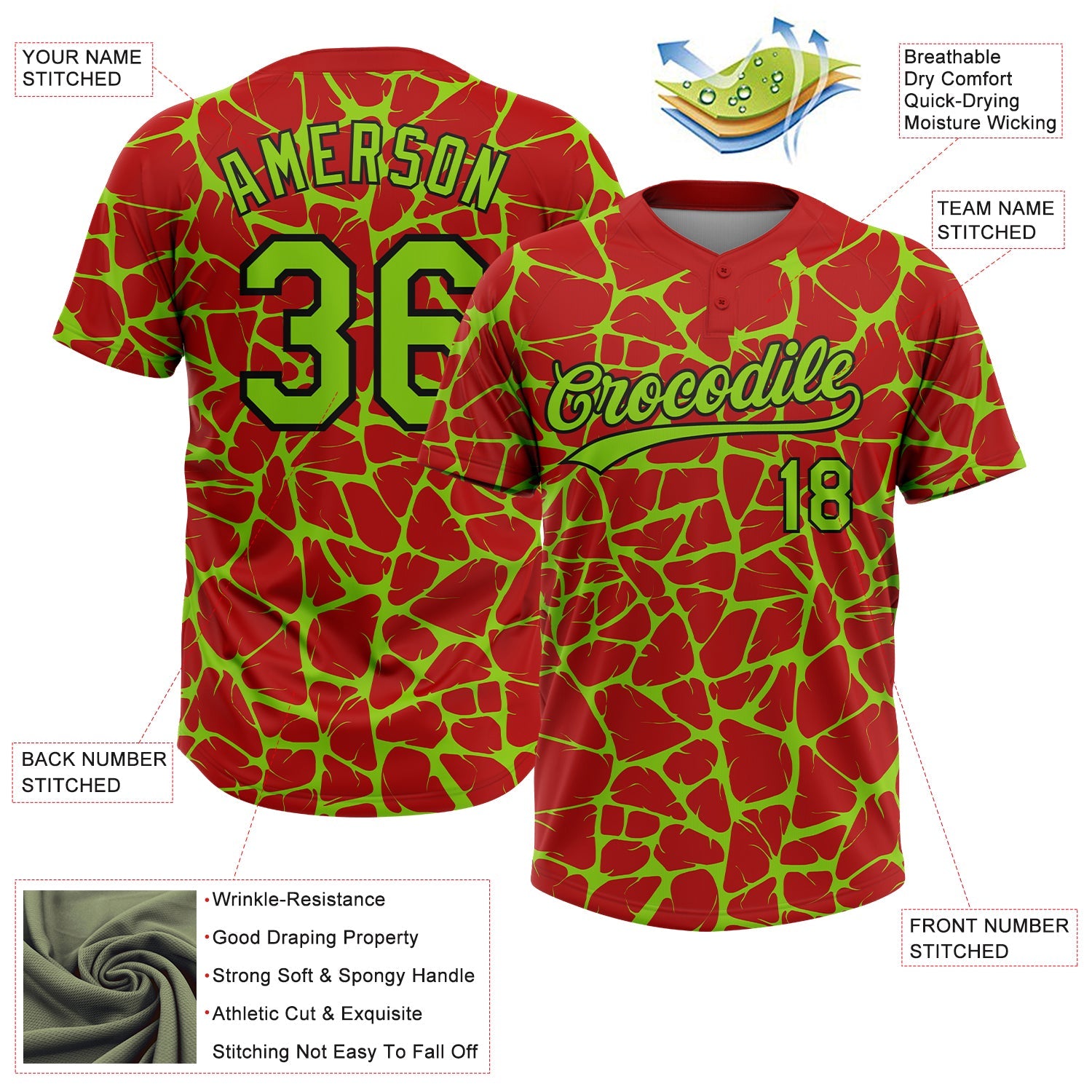 Custom Red Neon Green-Black Abstract Network Crackle Two-Button Unisex Softball Jersey view 3