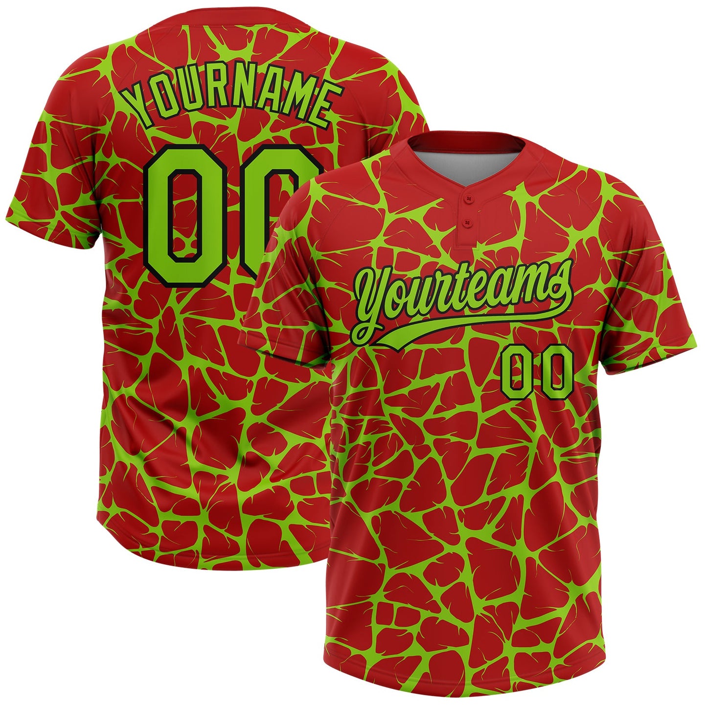 Custom Red Neon Green-Black Abstract Network Crackle Two-Button Unisex Softball Jersey - Main View
