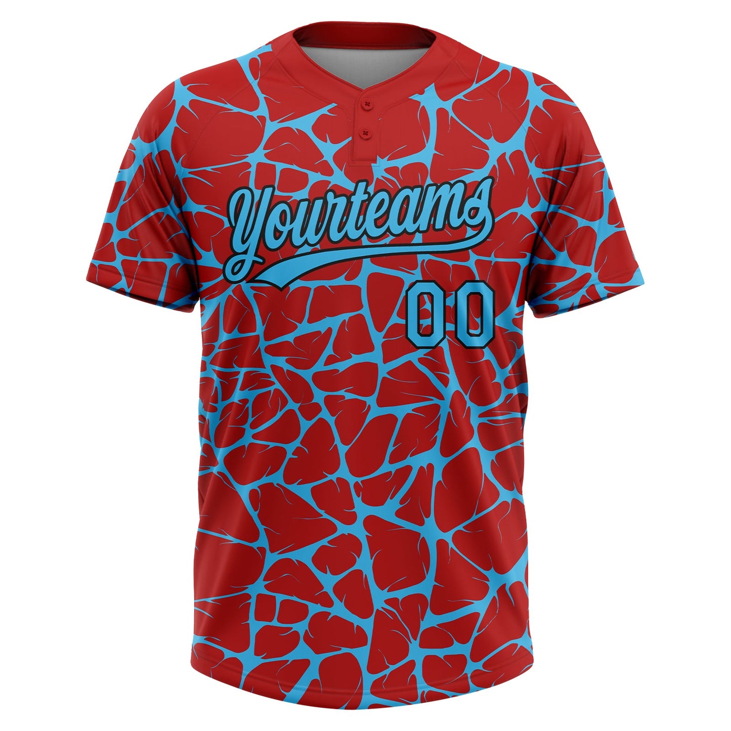 Custom Red Sky Blue-Black Abstract Network Crackle Two-Button Unisex Softball Jersey view 2