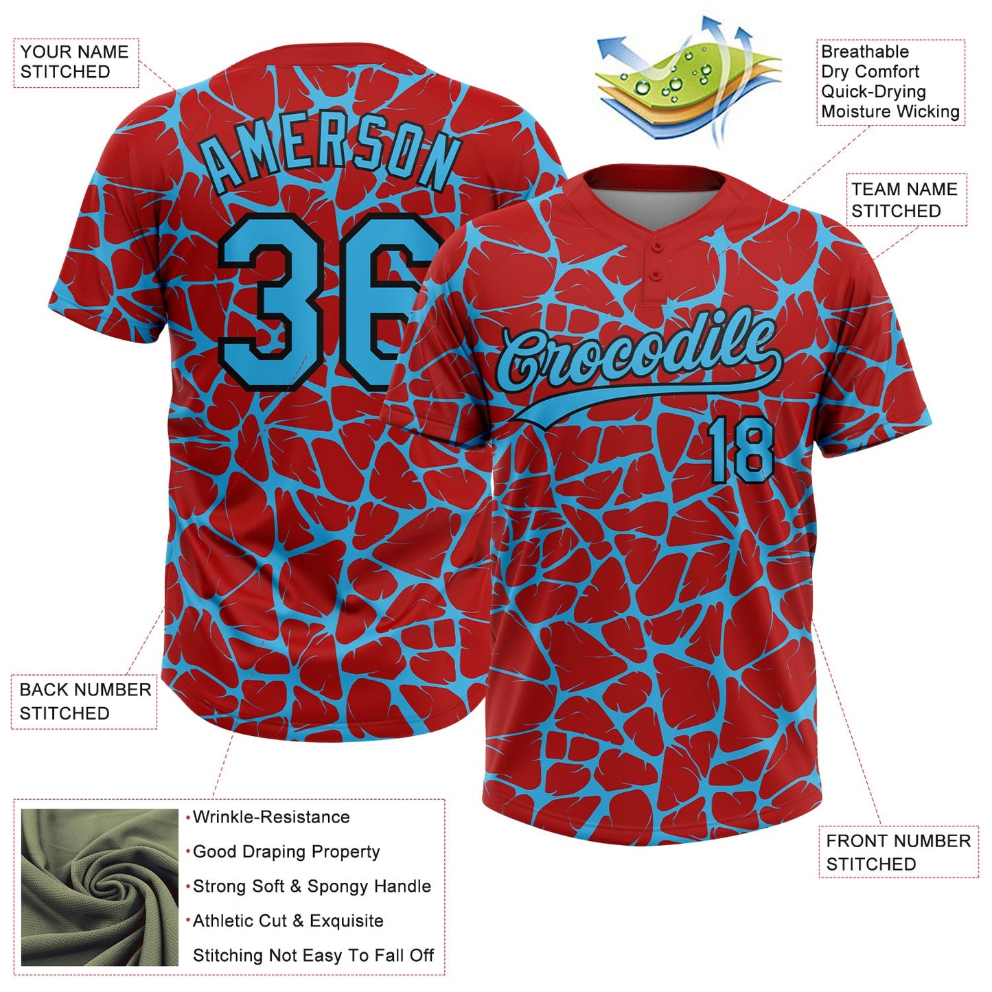 Custom Red Sky Blue-Black Abstract Network Crackle Two-Button Unisex Softball Jersey view 3