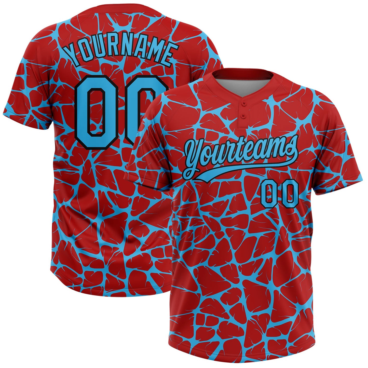 Custom Red Sky Blue-Black Abstract Network Crackle Two-Button Unisex Softball Jersey - Main View