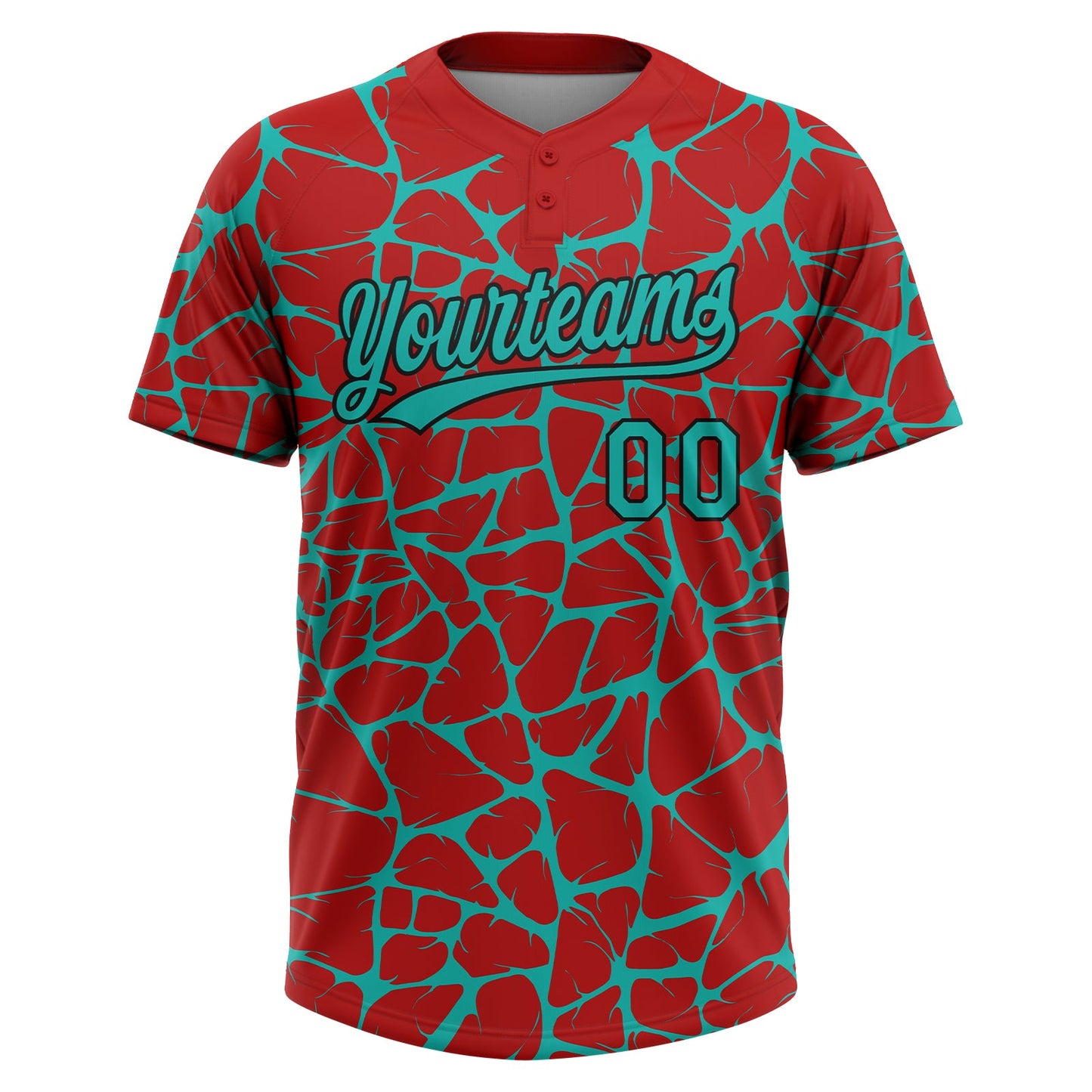 Custom Red Aqua-Black Abstract Network Crackle Two-Button Unisex Softball Jersey view 2