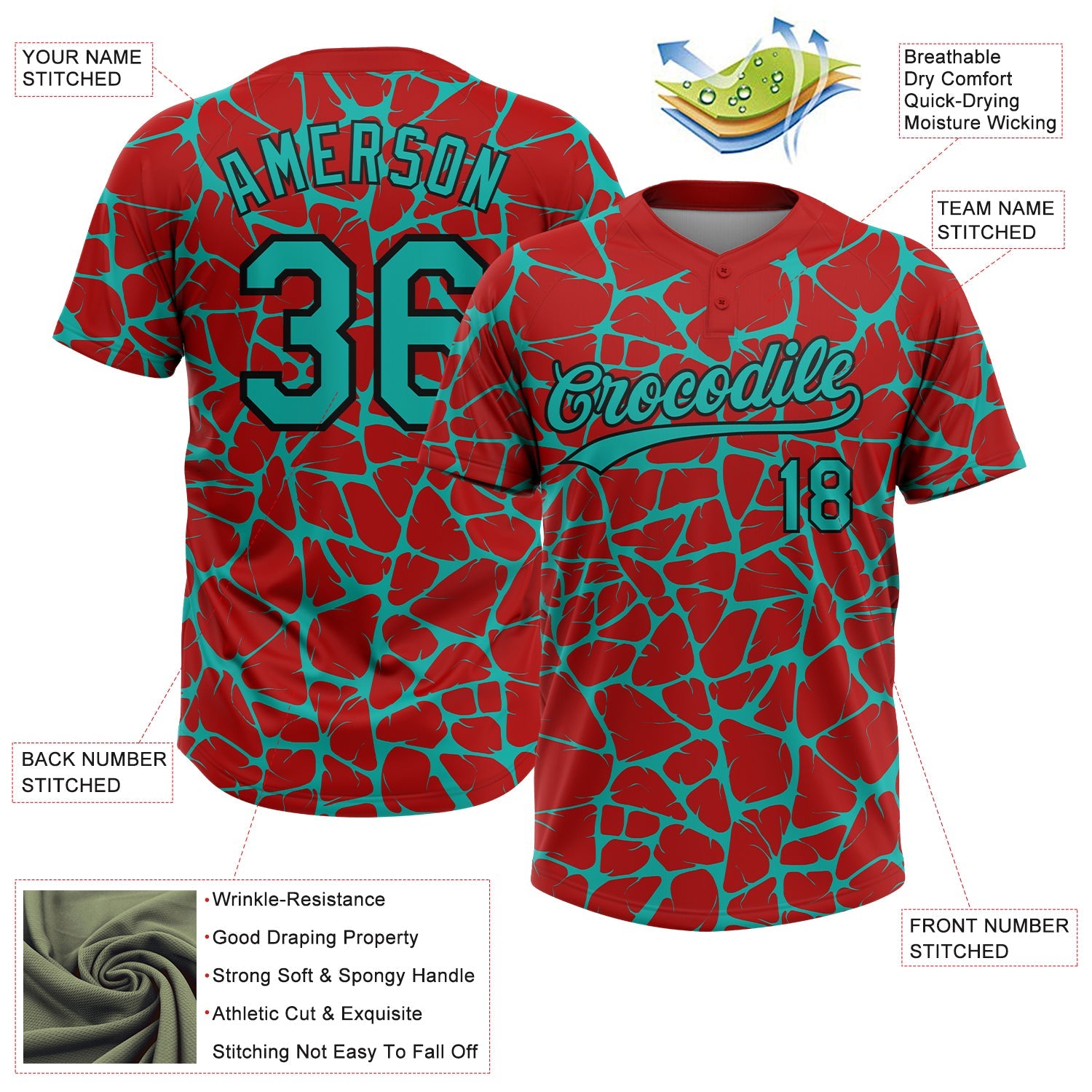 Custom Red Aqua-Black Abstract Network Crackle Two-Button Unisex Softball Jersey view 3