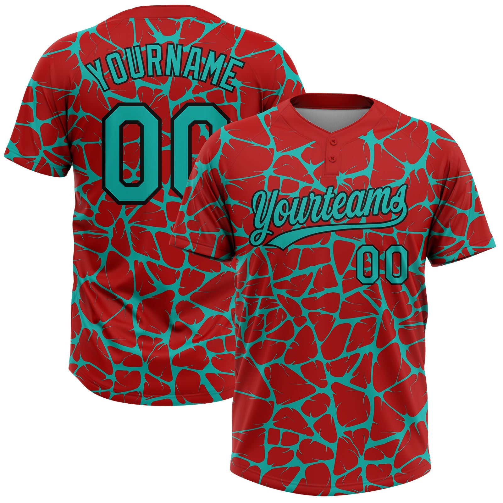 Custom Red Aqua-Black Abstract Network Crackle Two-Button Unisex Softball Jersey - Main View