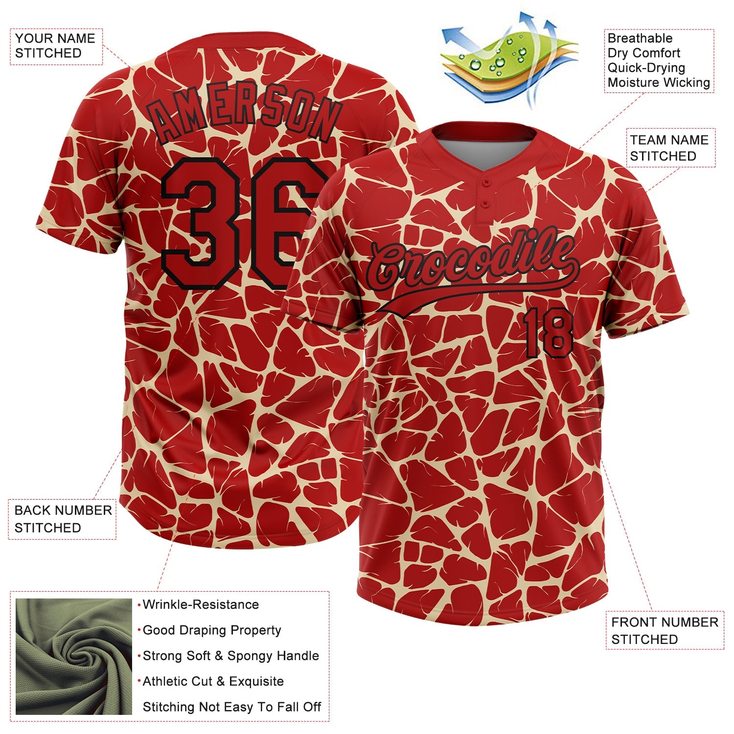 Custom Red Cream-Black Abstract Network Crackle Two-Button Unisex Softball Jersey view 3