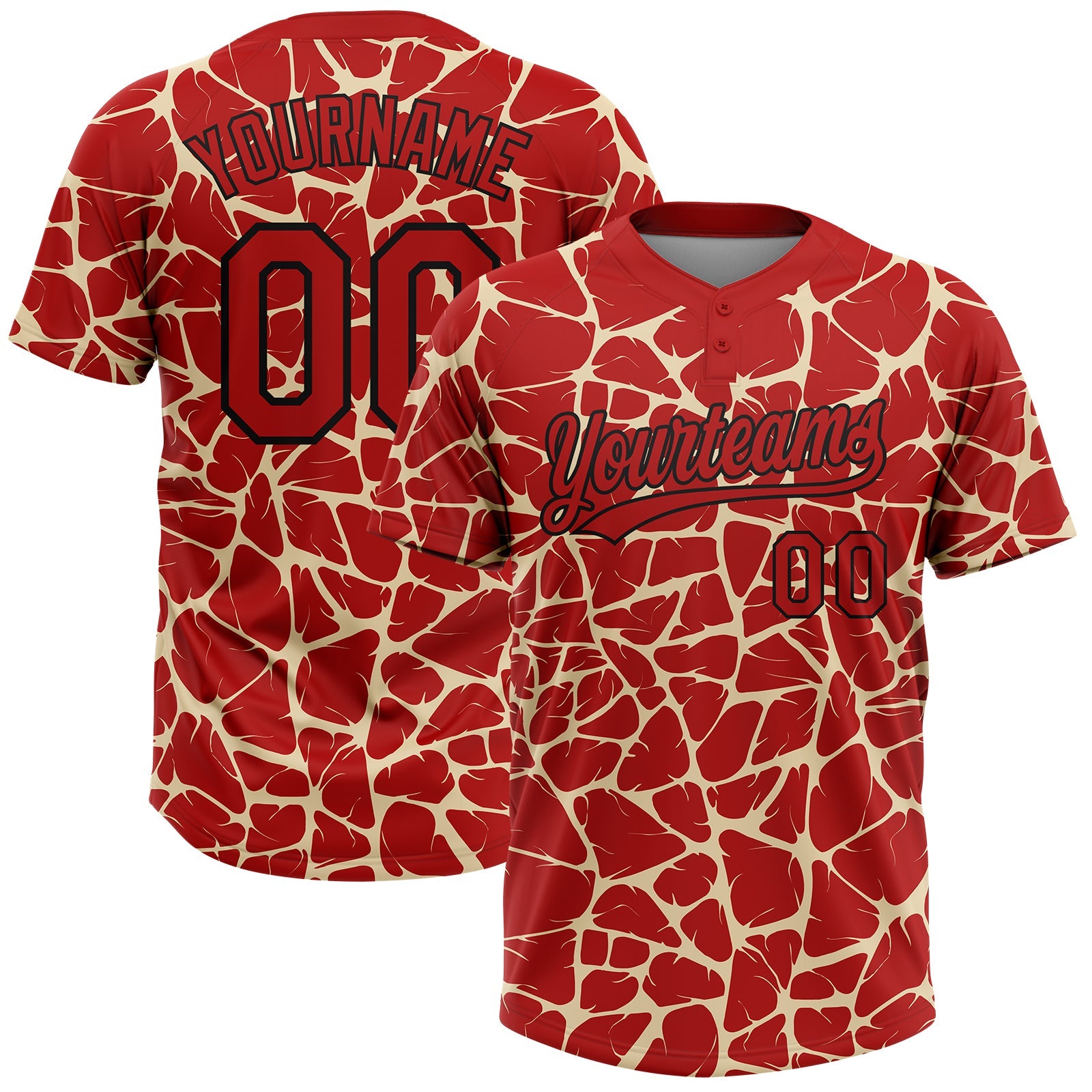Custom Red Cream-Black Abstract Network Crackle Two-Button Unisex Softball Jersey - Main View