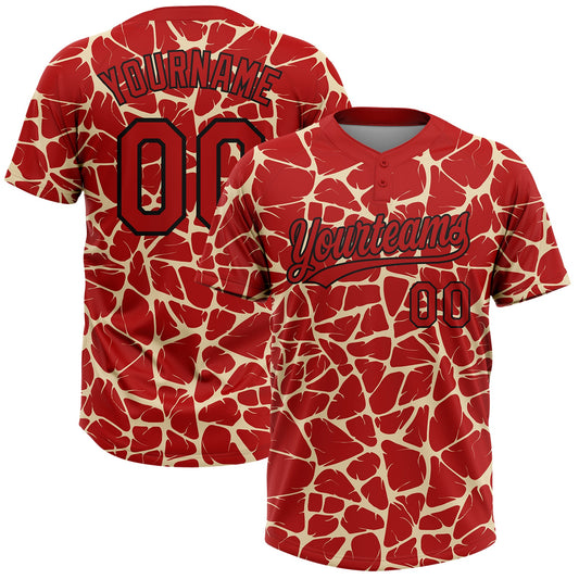 Custom Red Cream-Black Abstract Network Crackle Two-Button Unisex Softball Jersey - Main View