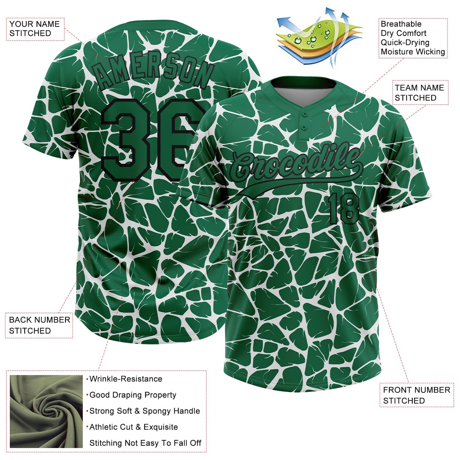 Custom Kelly Green Black-White Abstract Network Crackle Two-Button Unisex Softball Jersey view 3