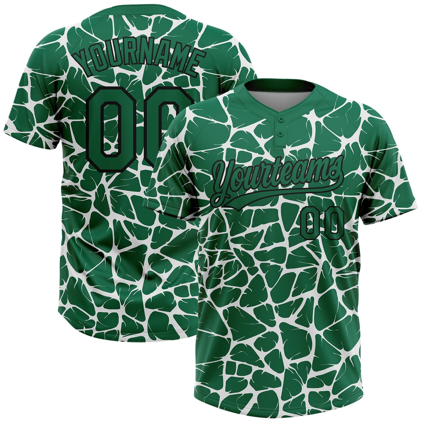 Custom Kelly Green Black-White Abstract Network Crackle Two-Button Unisex Softball Jersey - Main View