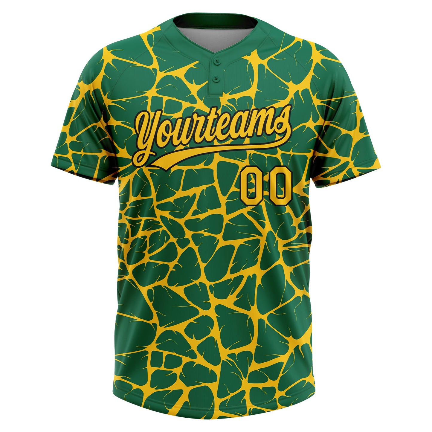 Custom Kelly Green Yellow-Black Abstract Network Crackle Two-Button Unisex Softball Jersey view 2