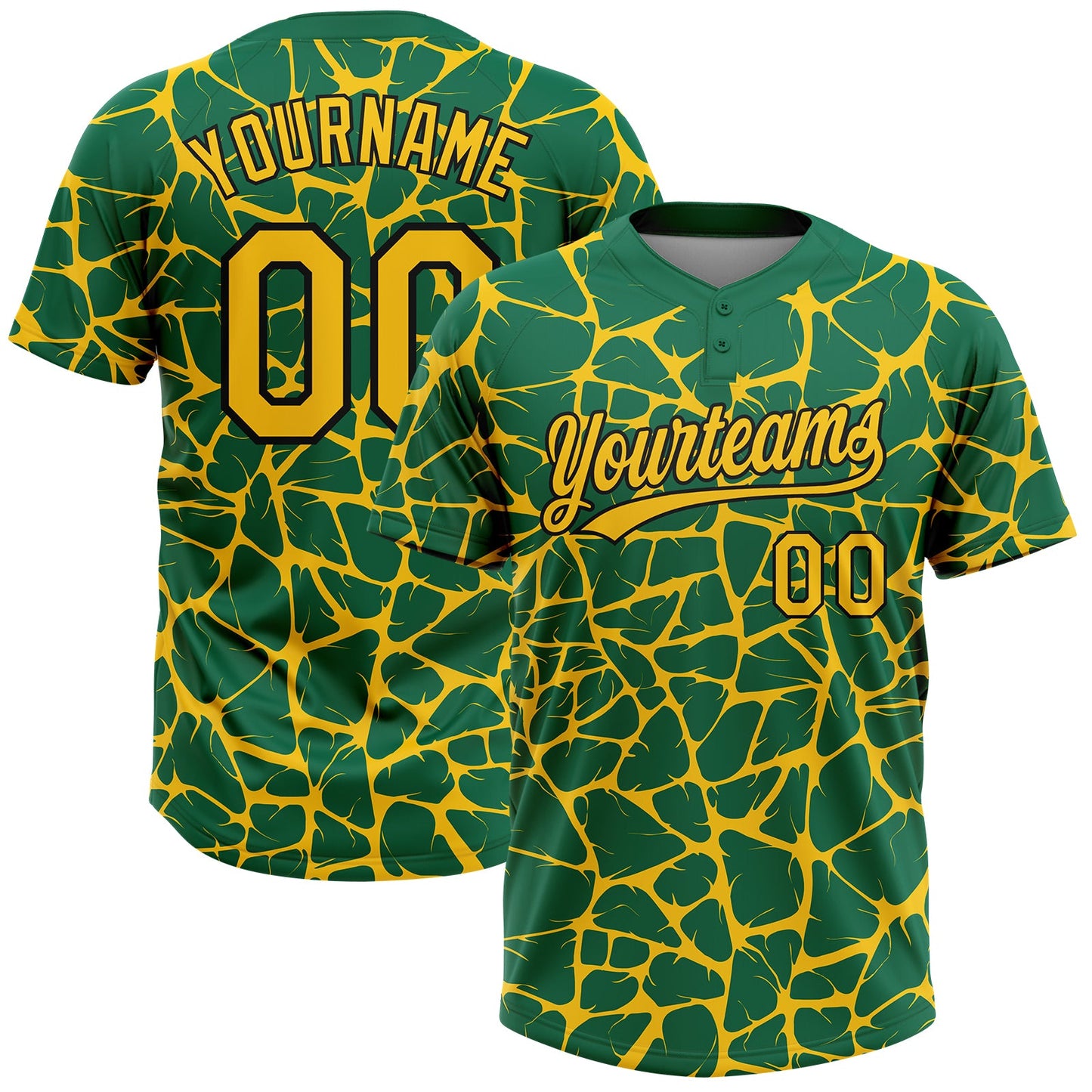 Custom Kelly Green Yellow-Black Abstract Network Crackle Two-Button Unisex Softball Jersey - Main View