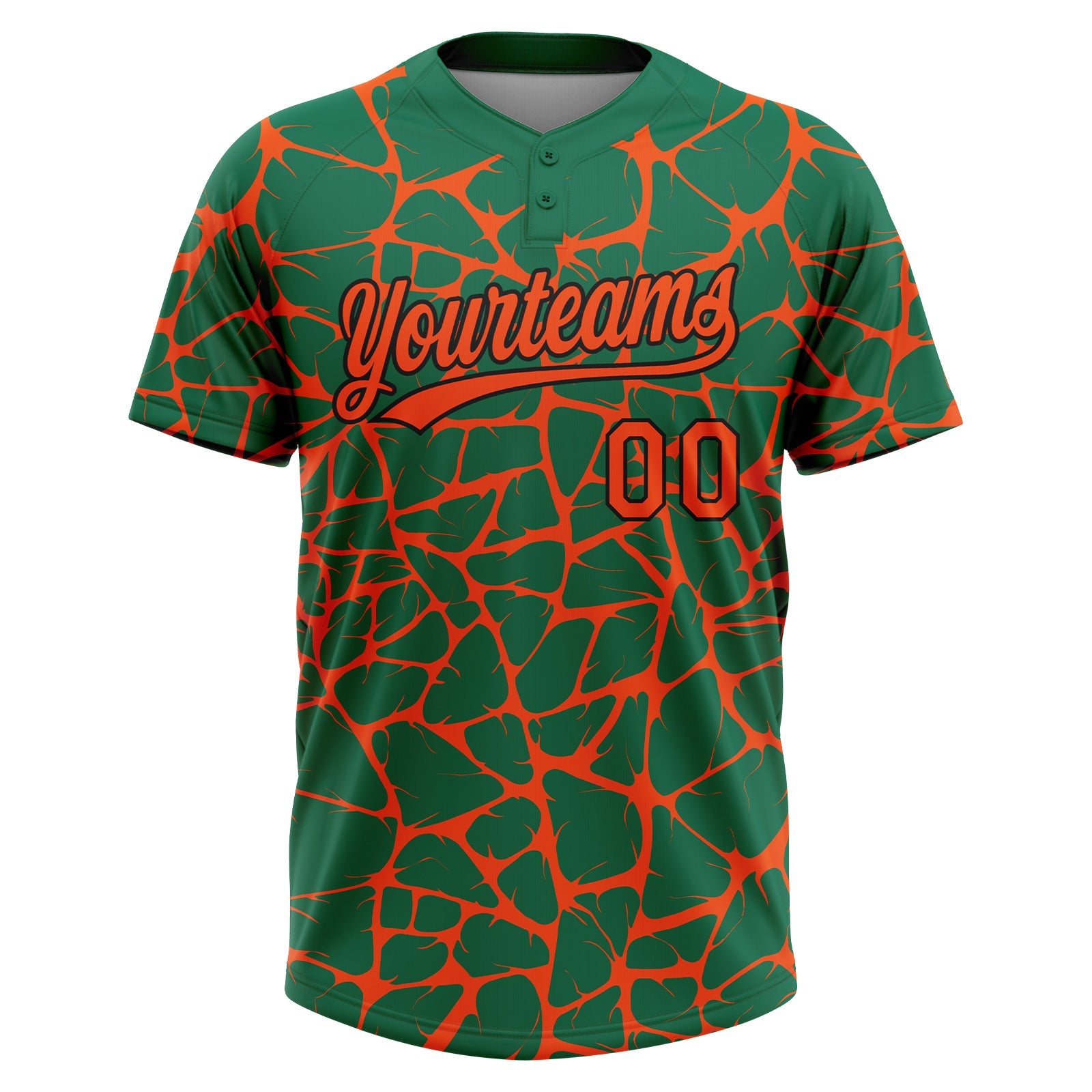 Custom Kelly Green Orange-Black Abstract Network Crackle Two-Button Unisex Softball Jersey view 2