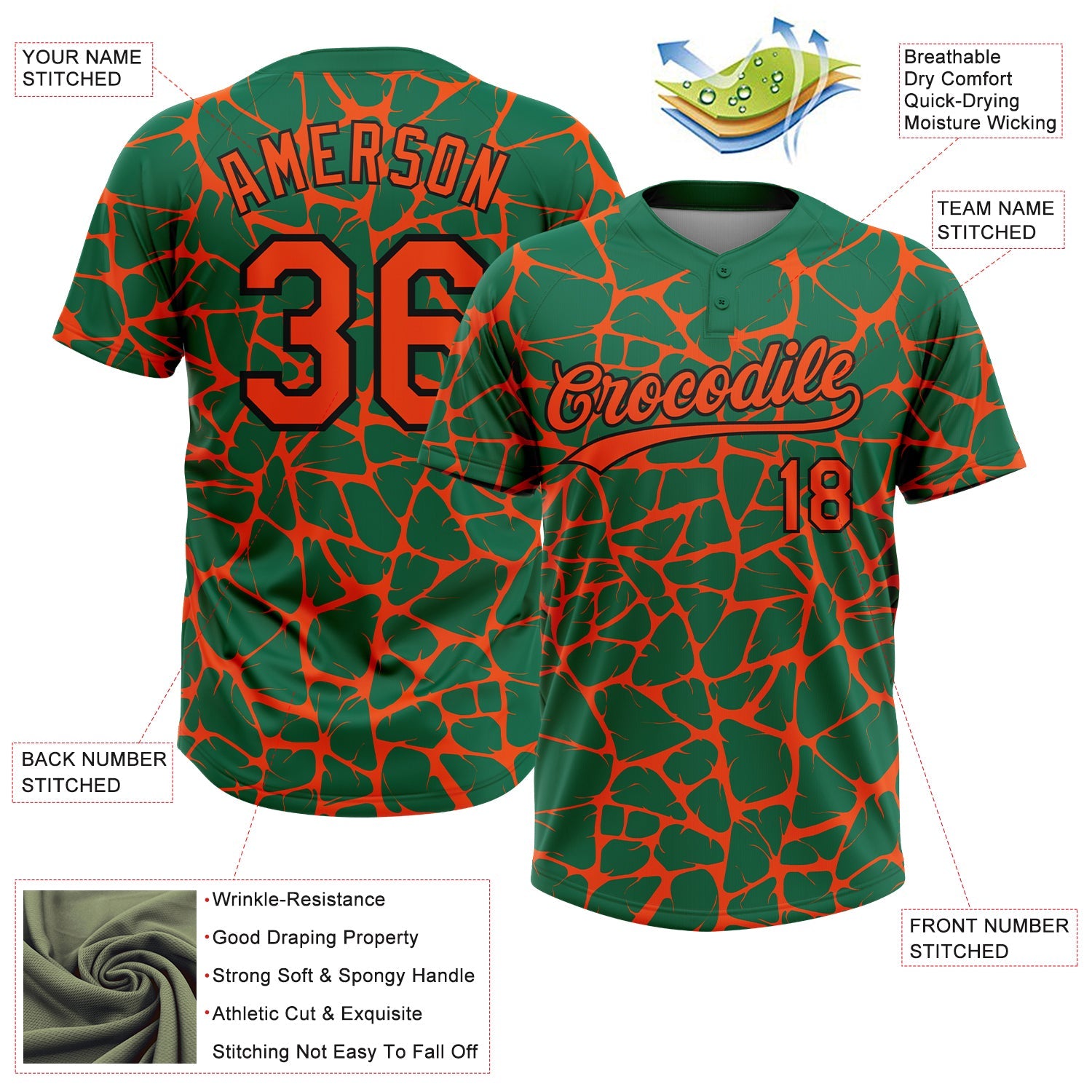 Custom Kelly Green Orange-Black Abstract Network Crackle Two-Button Unisex Softball Jersey view 3