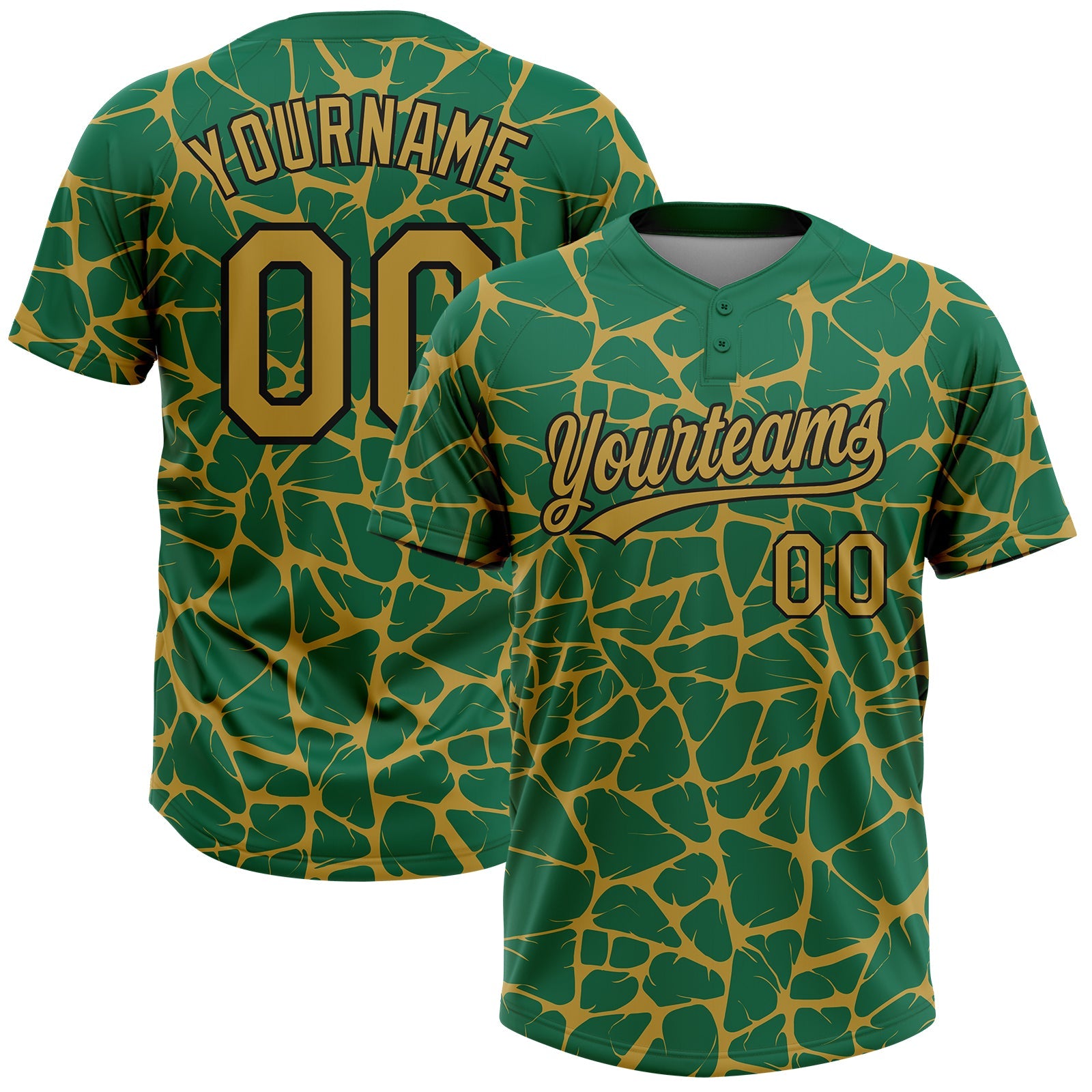 Custom Kelly Green Old Gold-Black Abstract Network Crackle Two-Button Unisex Softball Jersey - Main View