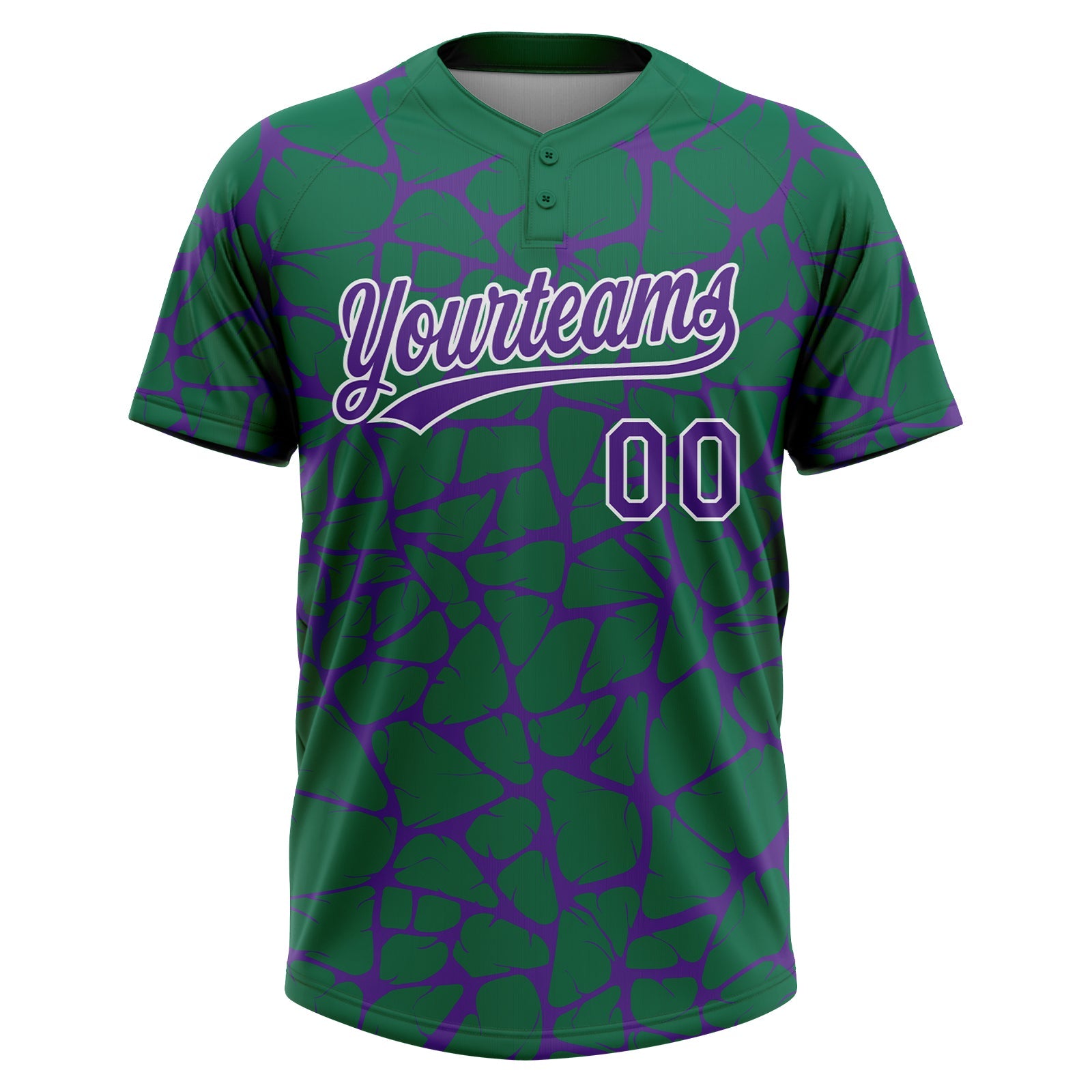 Custom Kelly Green Purple-White Abstract Network Crackle Two-Button Unisex Softball Jersey view 2