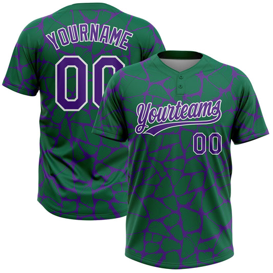Custom Kelly Green Purple-White Abstract Network Crackle Two-Button Unisex Softball Jersey - Main View