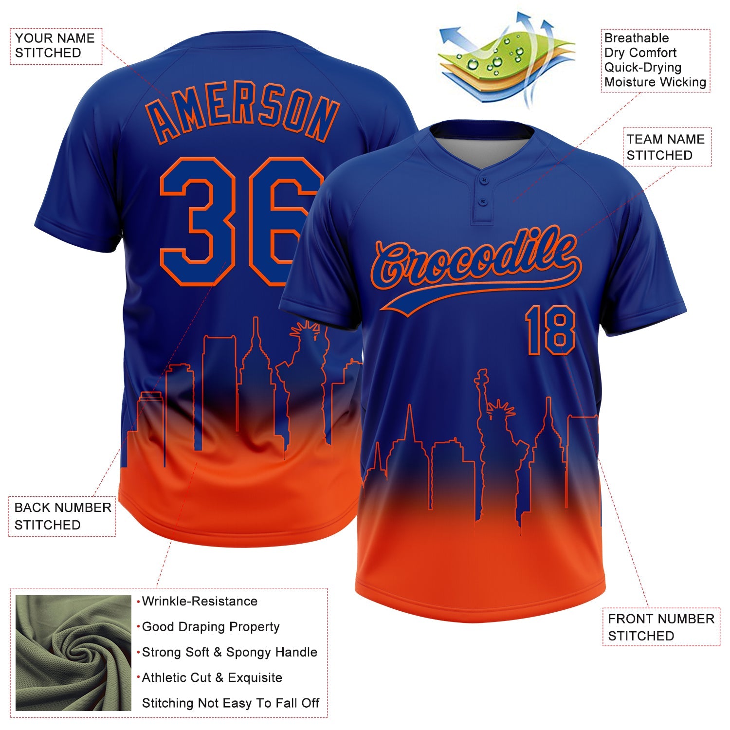 Custom Royal Orange New York City Edition Gradient Two-Button Unisex Softball Jersey view 3