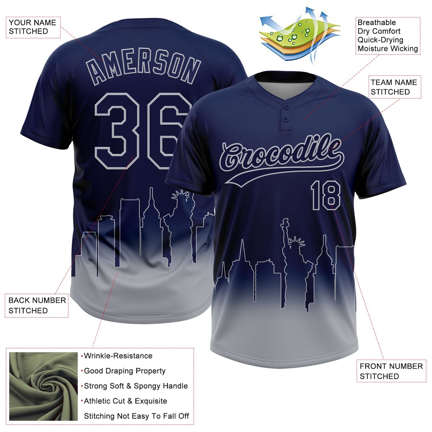 Custom Navy Gray New York City Edition Gradient Two-Button Unisex Softball Jersey view 3