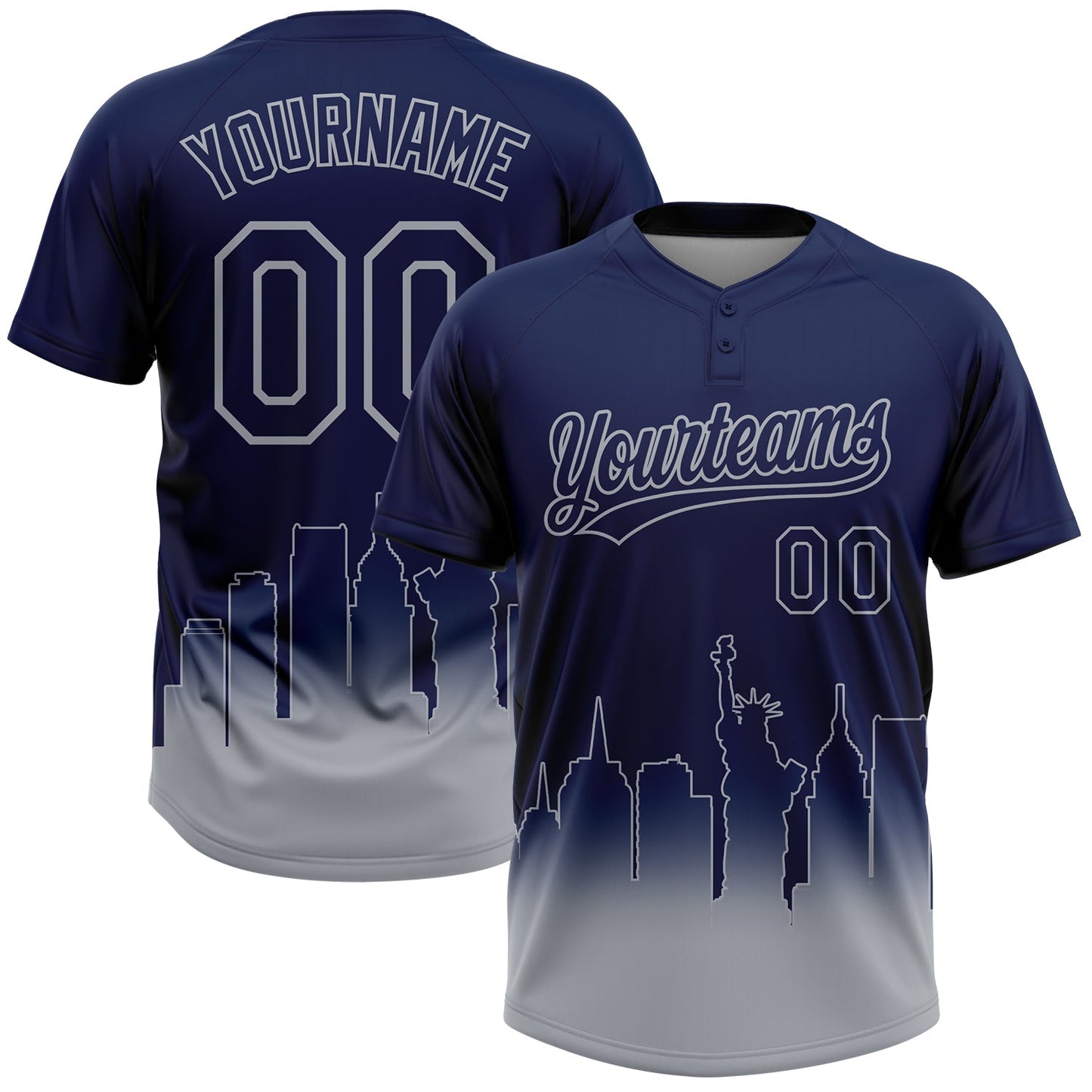 Custom Navy Gray New York City Edition Gradient Two-Button Unisex Softball Jersey - Main View