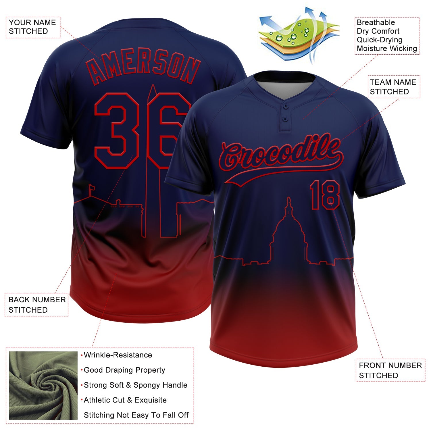 Custom Navy Red Washington City Edition Gradient Two-Button Unisex Softball Jersey view 3