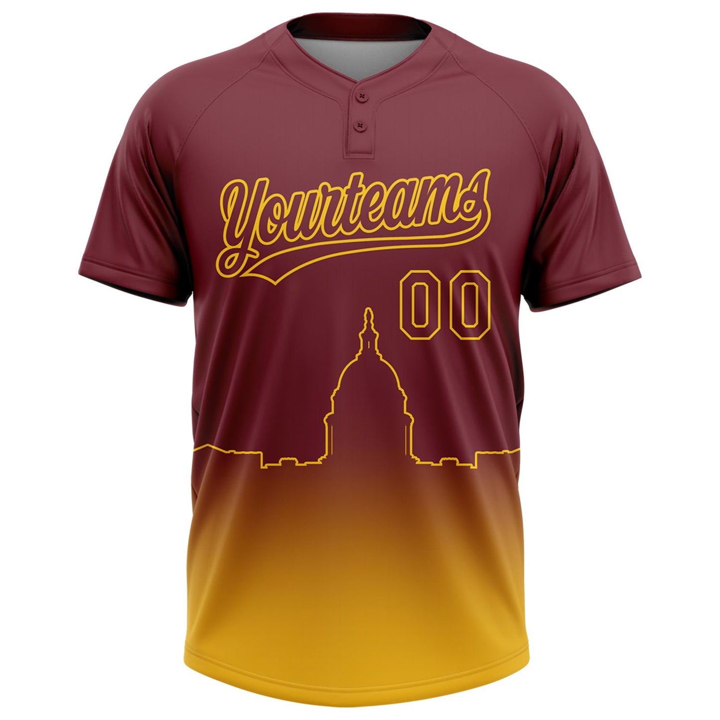 Custom Burgundy Yellow Washington City Edition Gradient Two-Button Unisex Softball Jersey view 2