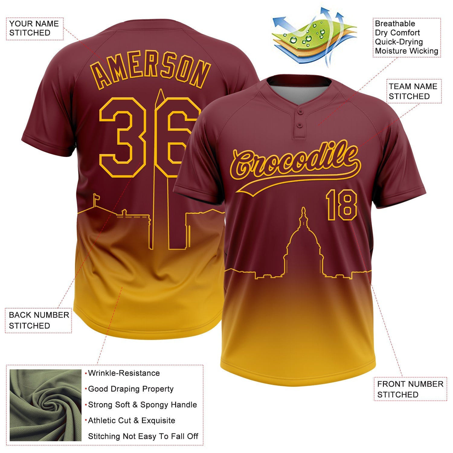Custom Burgundy Yellow Washington City Edition Gradient Two-Button Unisex Softball Jersey view 3