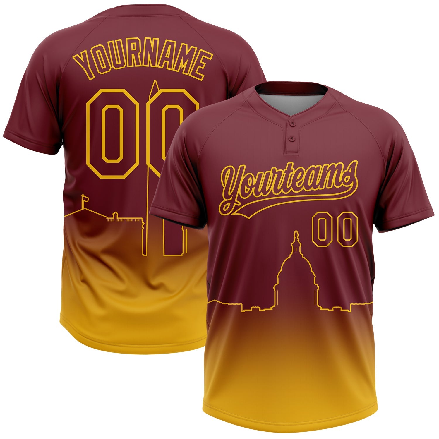 Custom Burgundy Yellow Washington City Edition Gradient Two-Button Unisex Softball Jersey - Main View