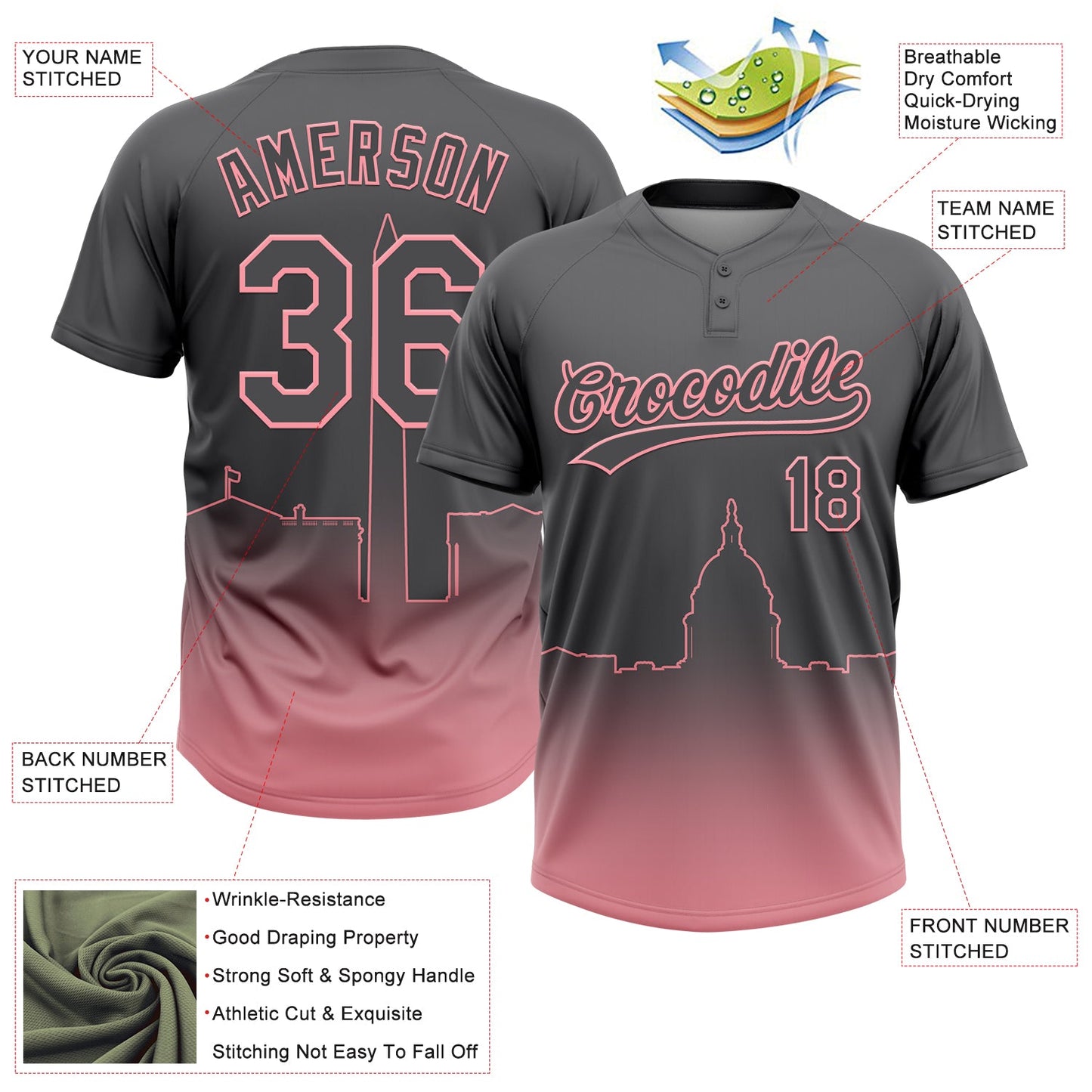 Custom Steel Gray Medium Pink Washington City Edition Gradient Two-Button Unisex Softball Jersey view 3