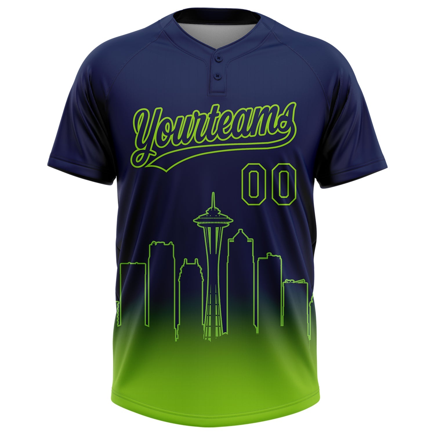 Custom Navy Neon Green Seattle City Edition Gradient Two-Button Unisex Softball Jersey view 2
